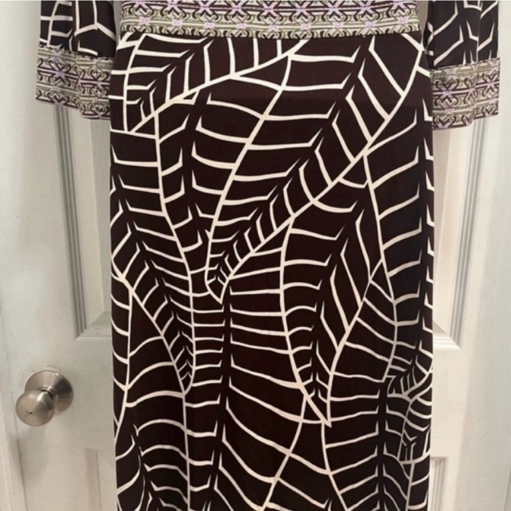 TORY BURCH Brown Banana Leaf Print V-Neck Empire Silk Sheath Dress - Small-EUC - Picture 7 of 9